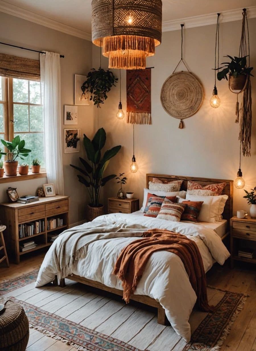 Dormitorio de estilo Boho chic con paredes blancas, cama de madera, cubrecama y almohadas blancas, cojines con estampados en tonos tierra, y mantas sobre la cama. También hay una lámpara colgante de fibras naturales, plantas y decoraciones boho chic.
