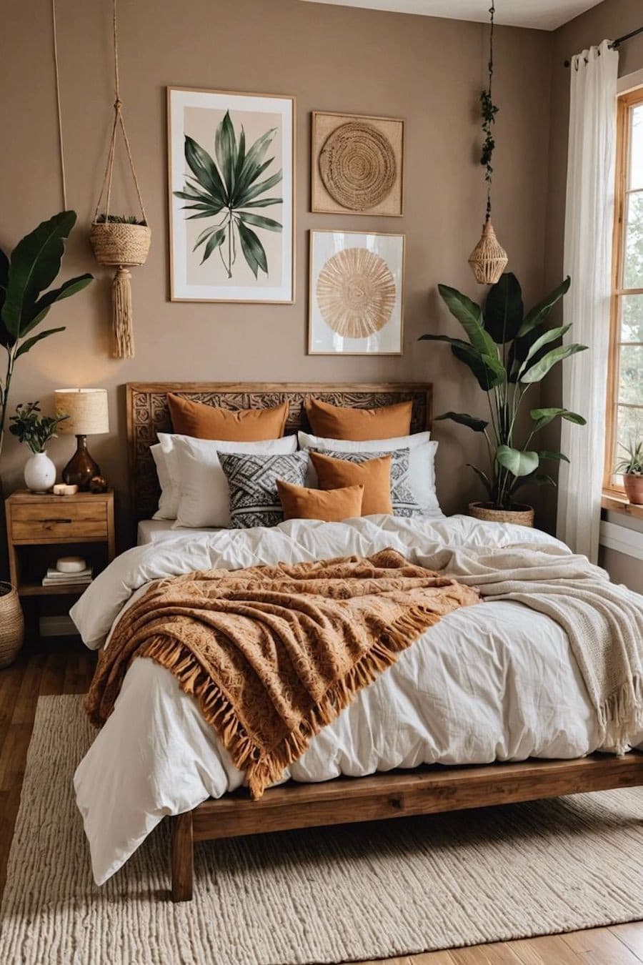 Habitación matrimonial Boho chic con paredes beige, una cama de madera con un plumón blanco y sobre ella hay cojines color mostaza, blancos y verdes, y 2 mantas tipo pieceras. Alrededor hay plantas y adornos de estilo relajado.