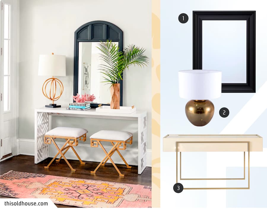 Moodboard de inspiración con la entrada de una casa de estilo Clásico, junto a un espejo, un arrimo y una lámpara de mesa disponibles en Sodimac.