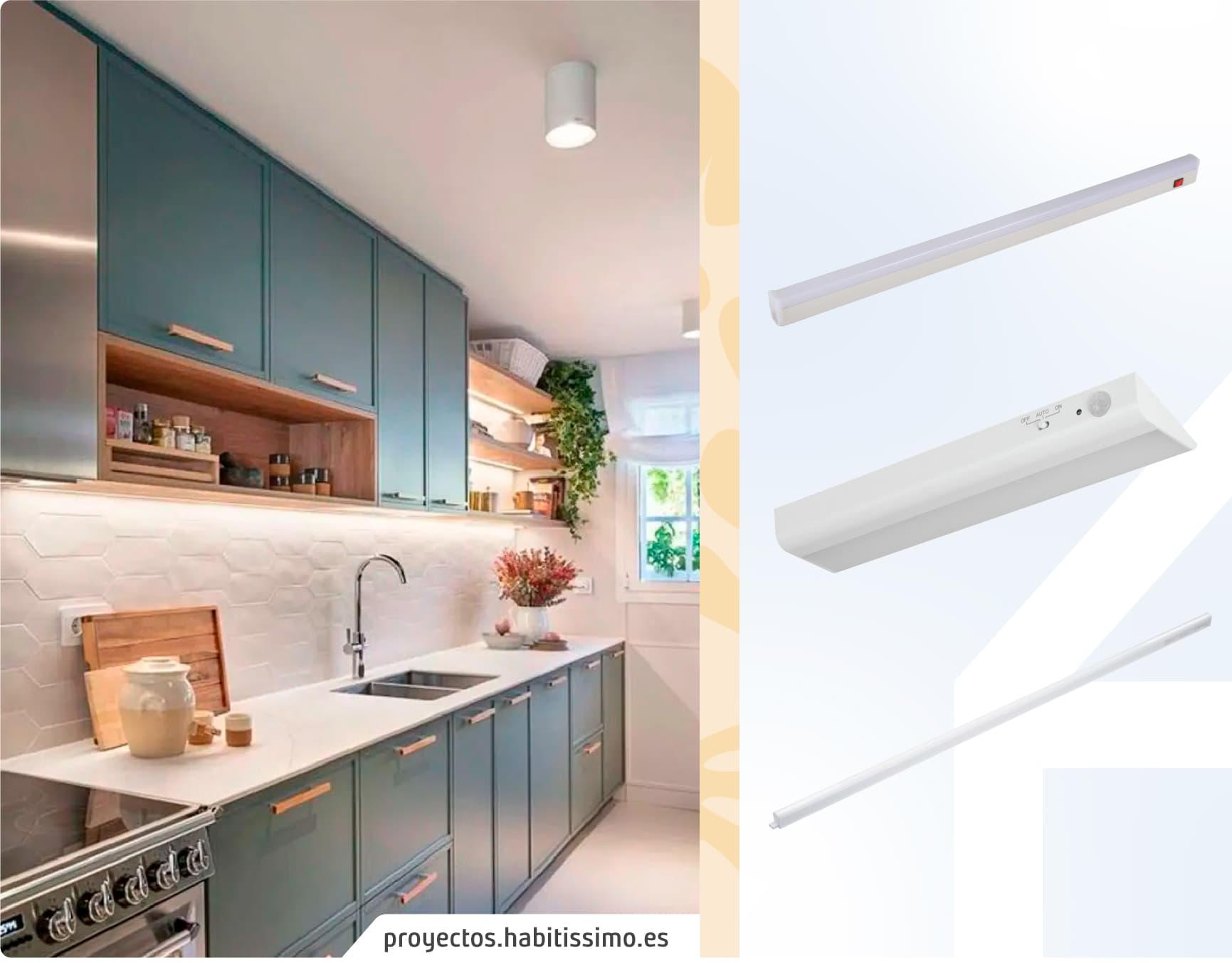 Moodboard Sodimac con foto de cocina con diferentes puntos de luz. Los productos Sodimac son luces alargadas tipo led para poner en muros y bajo los muebles