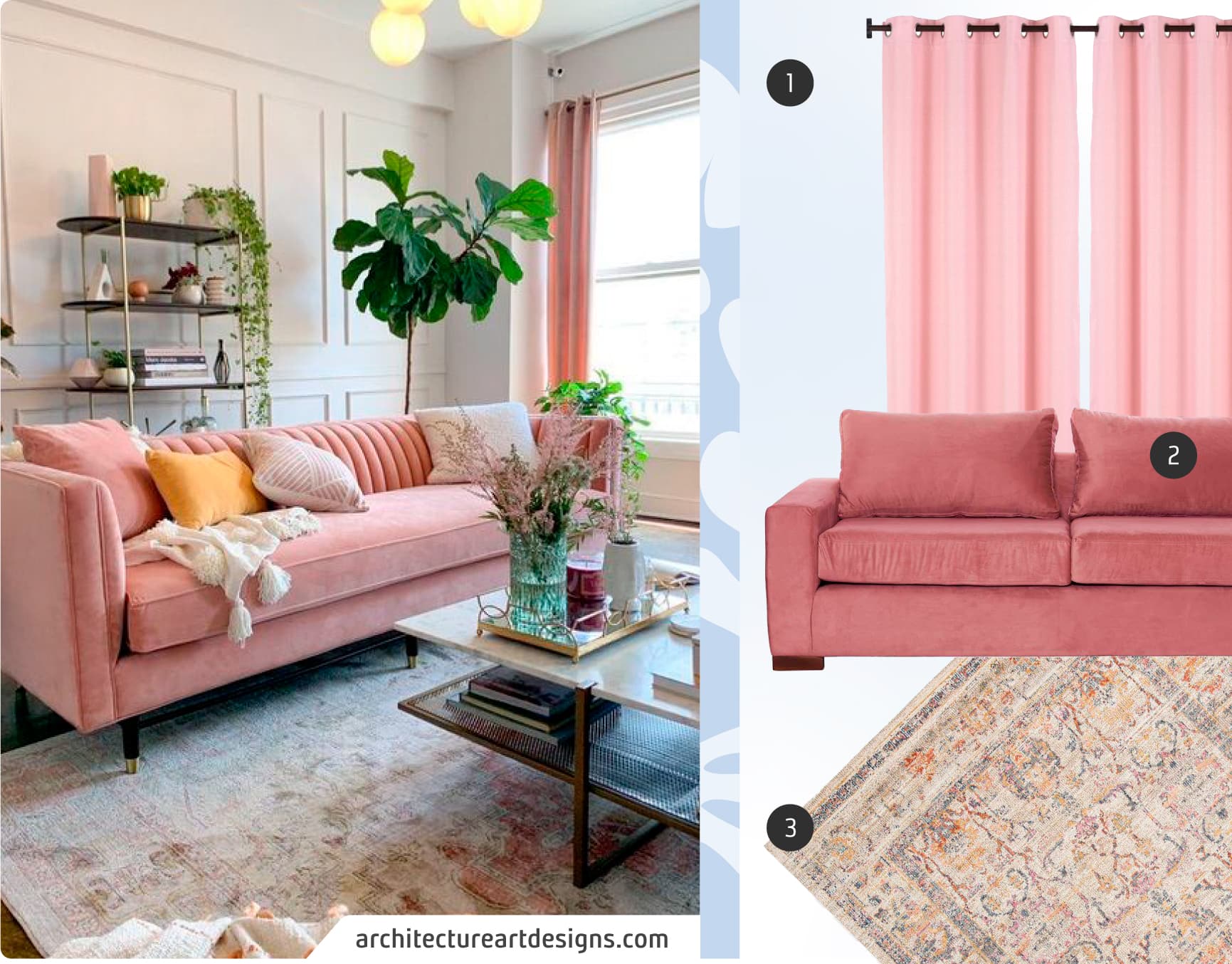 Moodboard de inspiración con una foto de living clásico y romántico, junto a 3 productos disponibles en Sodimac: Sofá de tela velvet color rosa, alfombra oriental en tonos beige, rosa y amarillo, y cortinas de tela rosada.