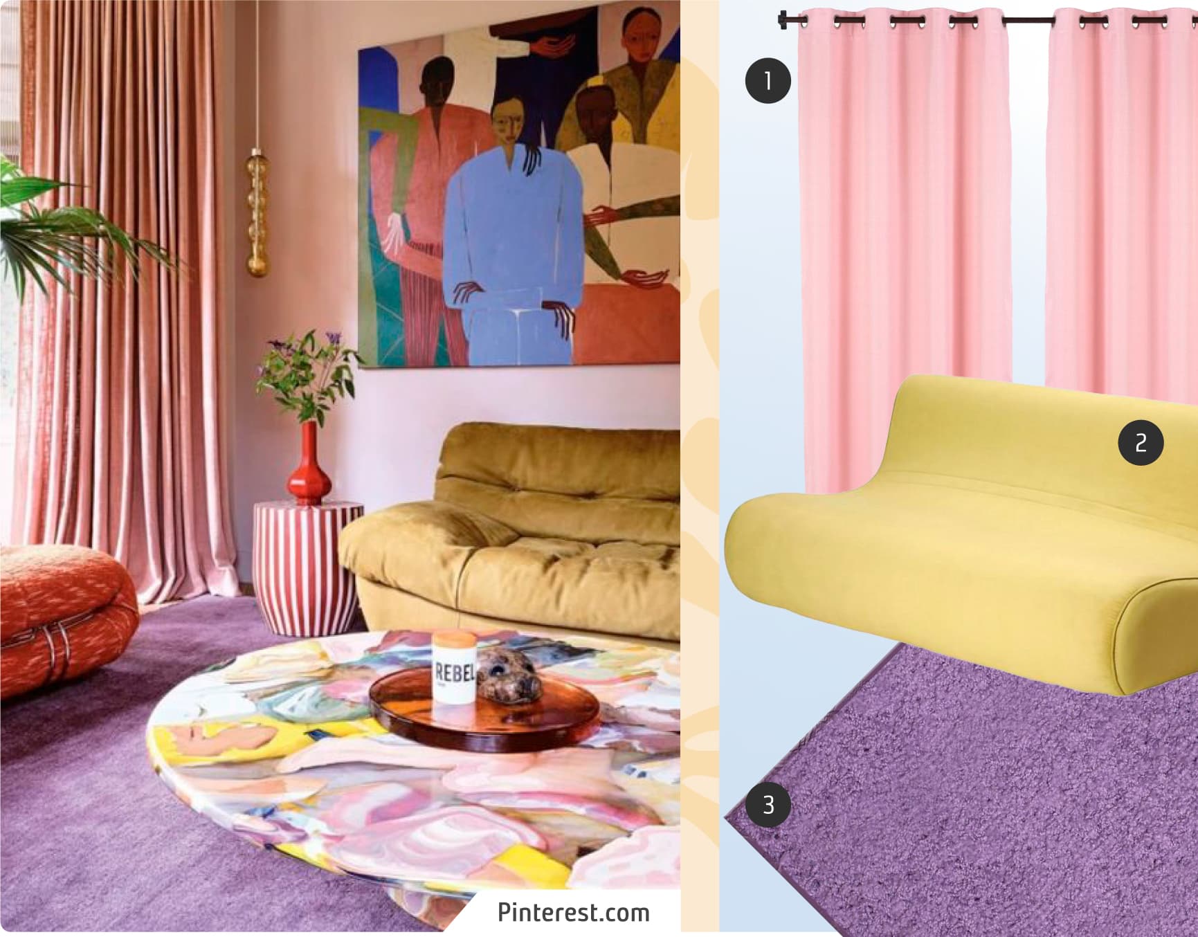 Moodboard de inspiración con una foto de living moderno, estilo dopamina, junto a 3 productos disponibles en Sodimac: Sofá moderno amarillo de líneas curvas, alfombra morada y cortinas de tela rosada