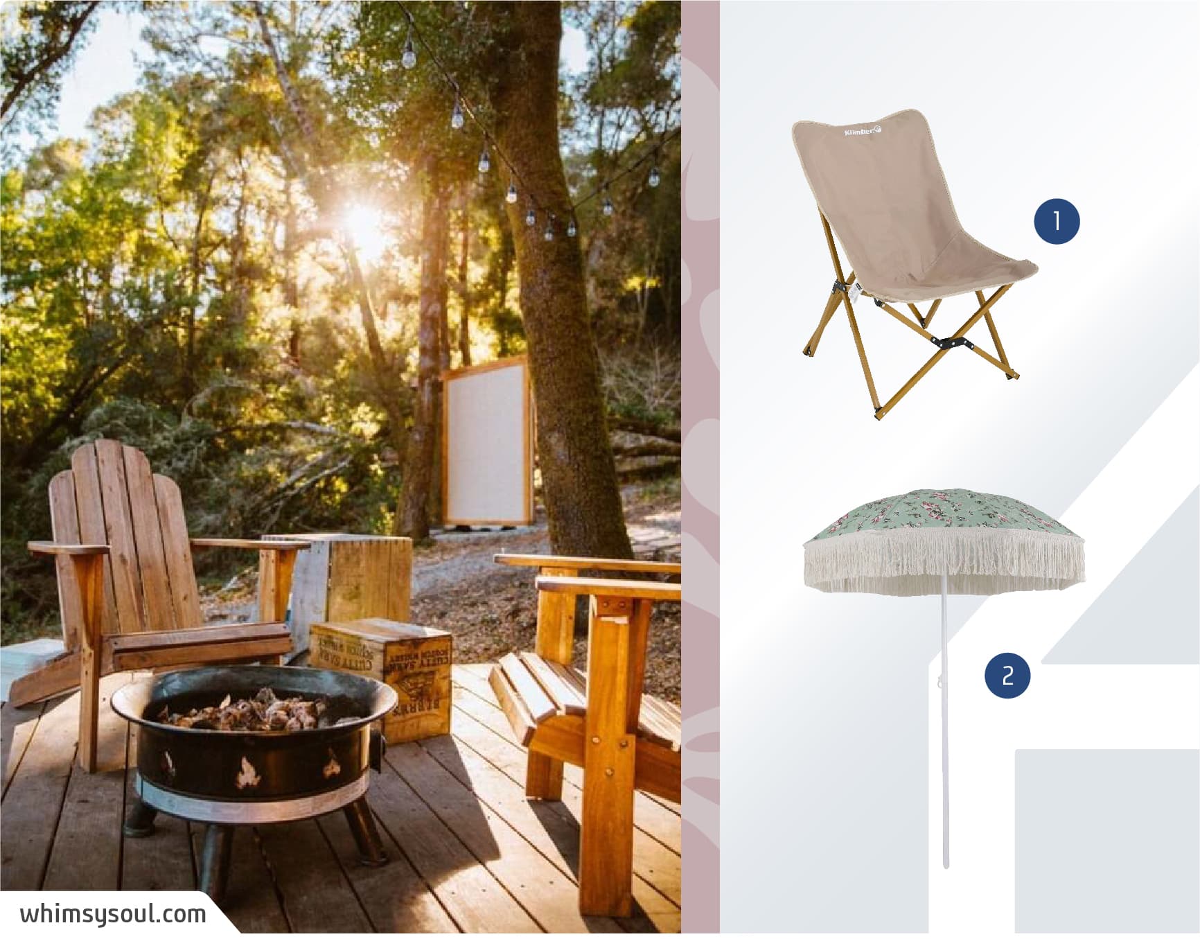 Moodboard de sillas y quitasoles disponibles en Sodimac junto a una imagen de un porche de madera con dos reposeras de madera y un brasero redondo.