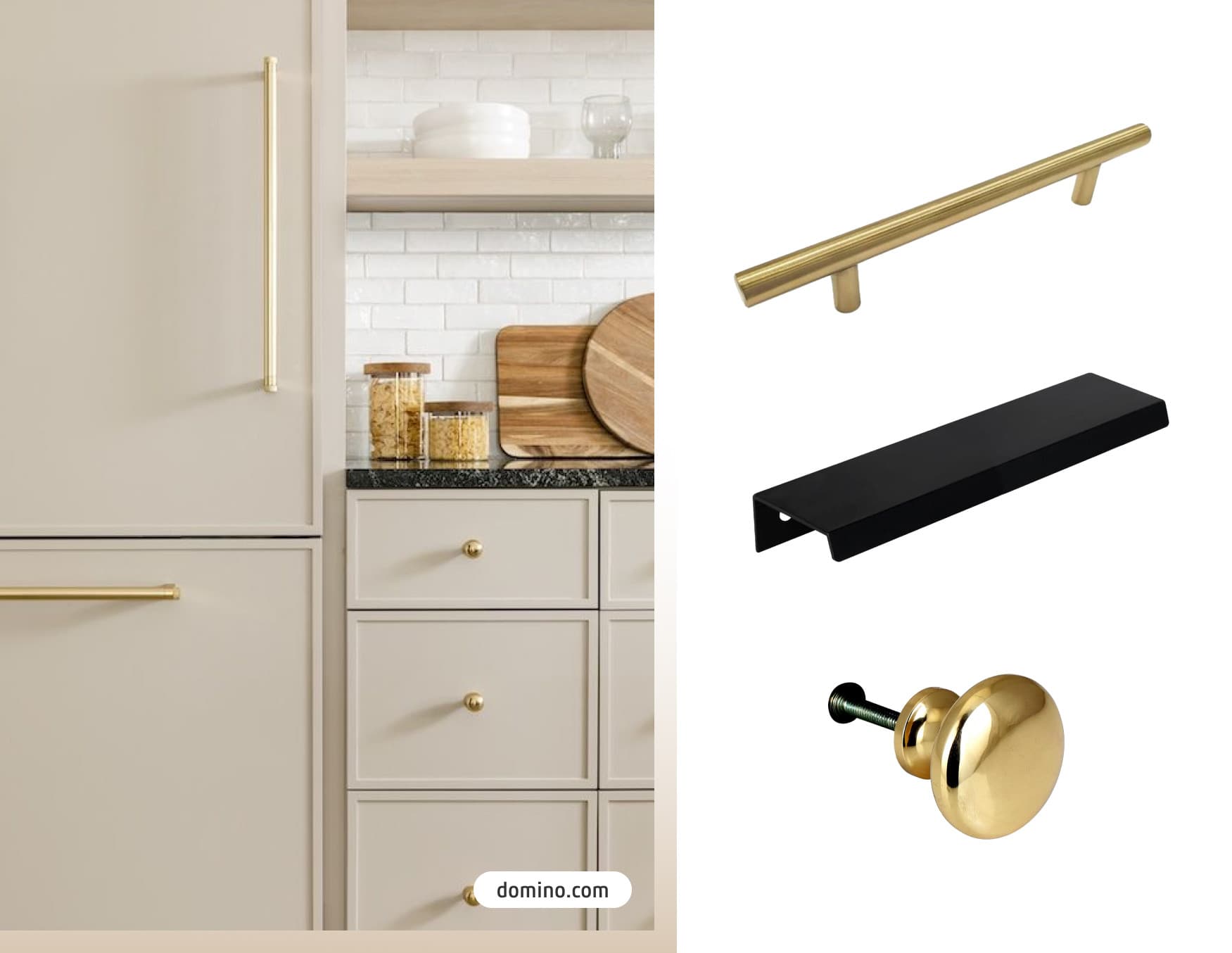 Moodboard de inspiración con una foto de una cocina con muebles color greige y tiradores o manillas doradas. Al costado hay 3 manillas disponibles en Sodimac.