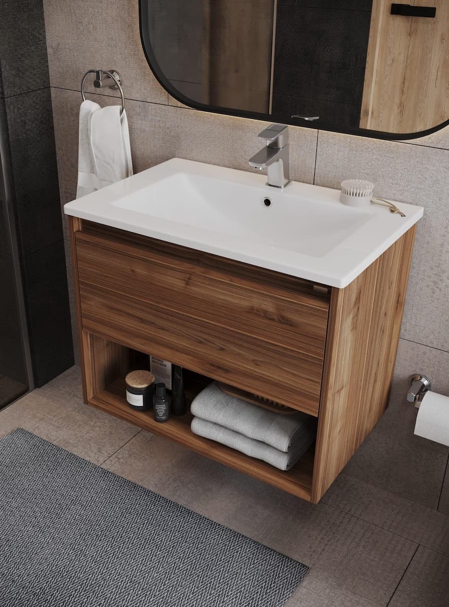 Vanitorio multifuncional de madera. En la parte inferior tiene repisas y un cajón.