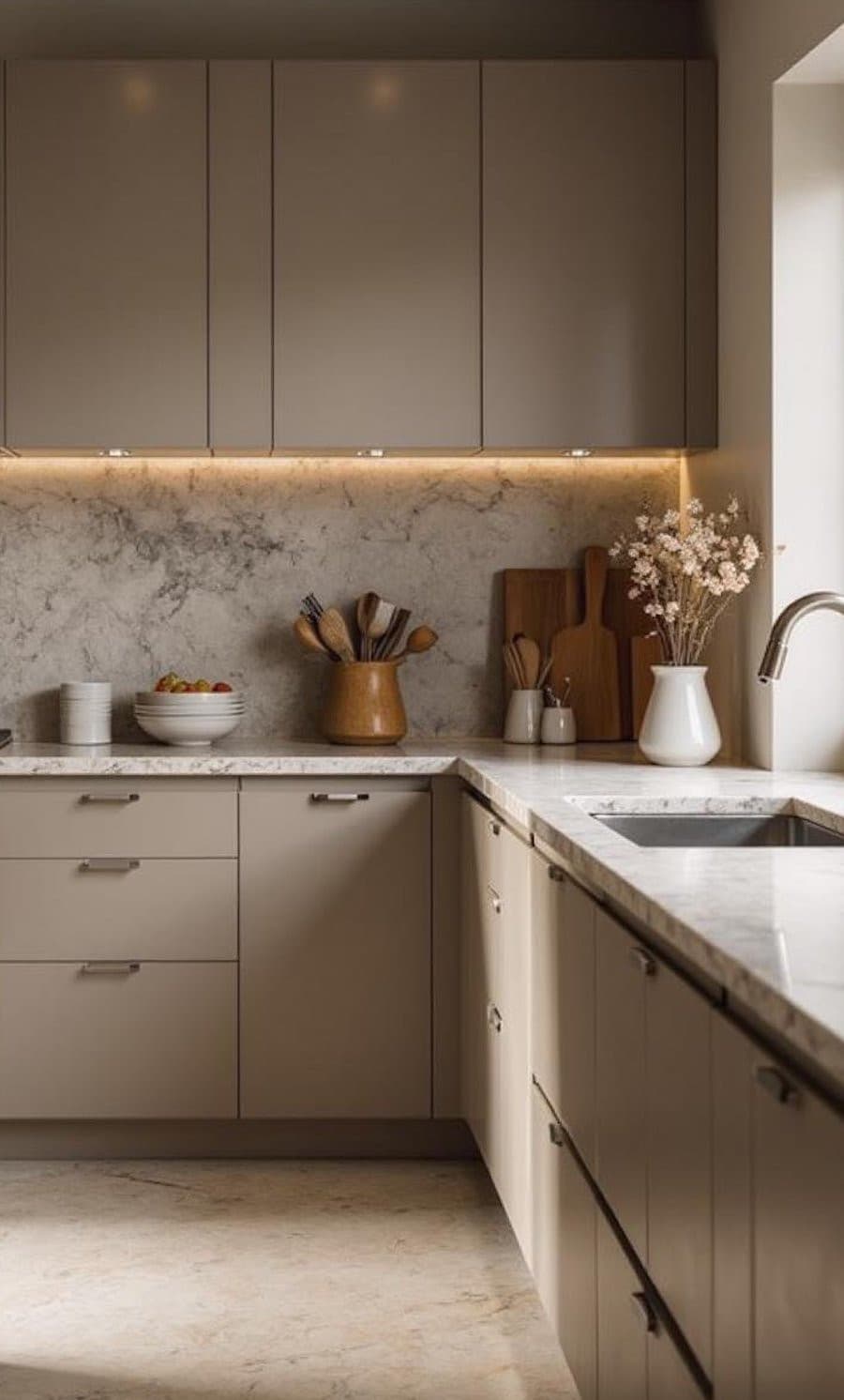 Cocina con muebles color greige, cubierta y muros de imitación mármol, accesorios y utensilios de madera, y luces led debajo de los muebles superiores.