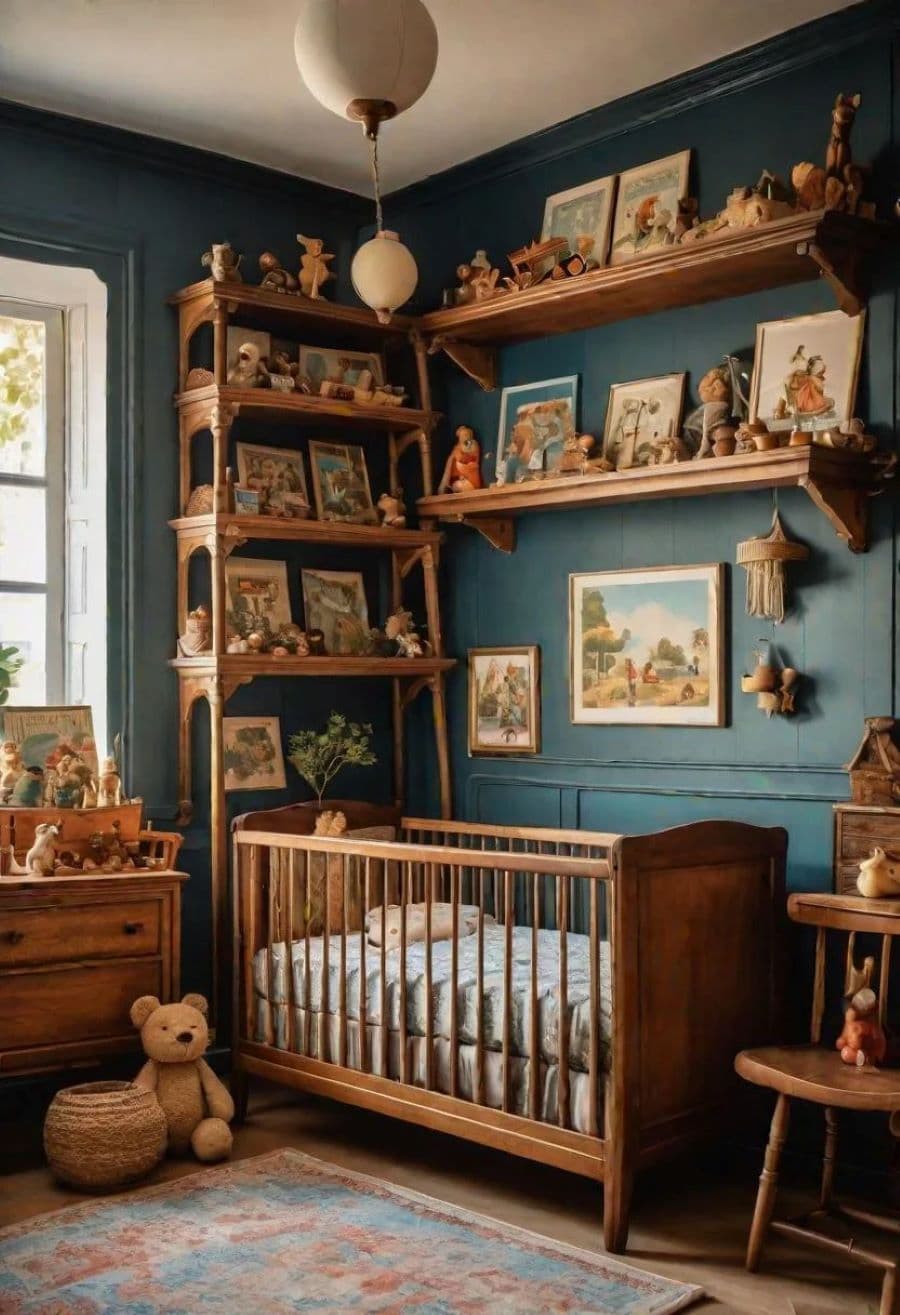 Habitación de bebé estilo vintage. Cuna de madera, muros azules con repisas con juguetes e imágenes vintage