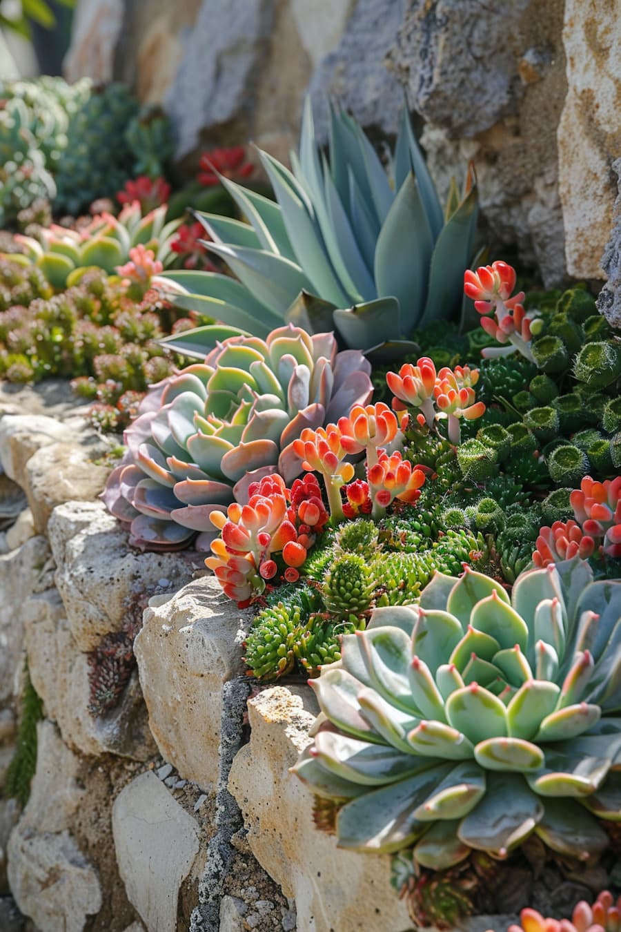 Detalle de un jardín seco sobre piedras, con diferentes tipos de suculentas en colores verdes y rojos.
